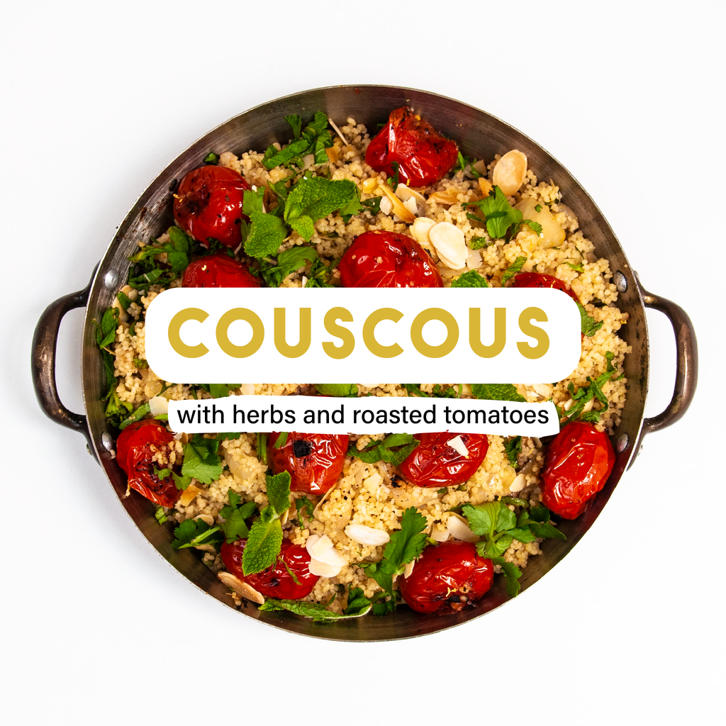 Cous cous with herbs, caramelized onions and roasted tomatoes