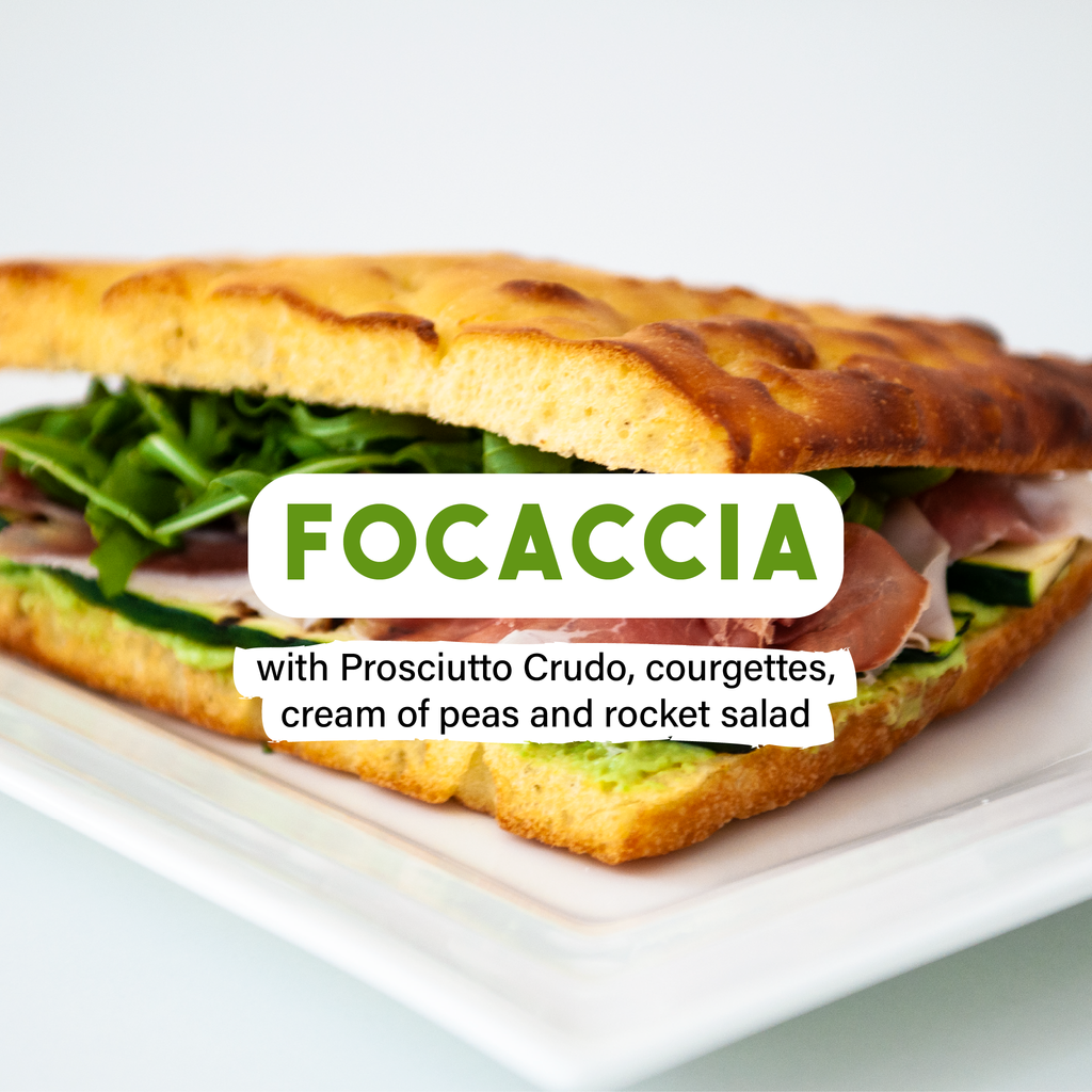 Focaccia with Prosciutto Crudo, courgettes, cream of peas and rocket salad