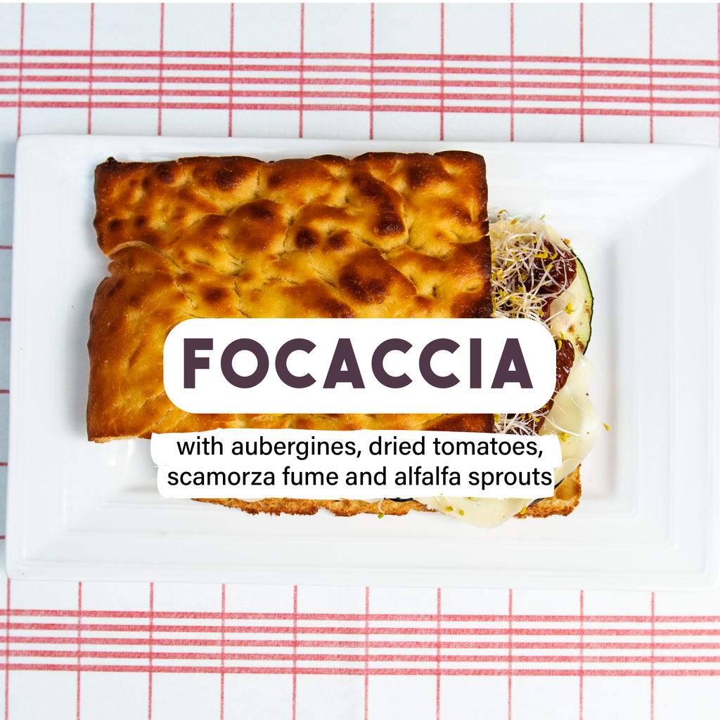 Focaccia with aubergine, sundried tomatoes, Scamorza cheese and alfalfa sprouts